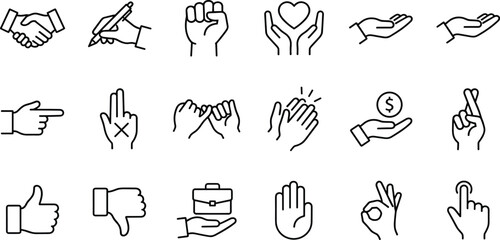 Fototapeta premium Minimalist Hand Gestures Line Icon Set with Business Handshake, Thumbs Up, Clapping, and Corporate Sign Communication Concepts for Presentation Slides