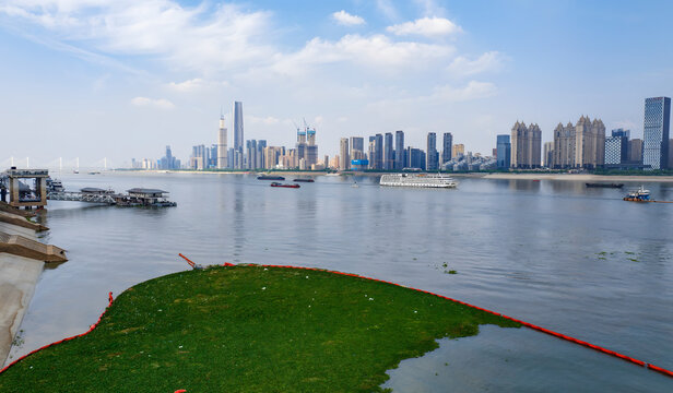 Wuhan Hanjiang River Skyline with Water Hyacinth Management and City Fence