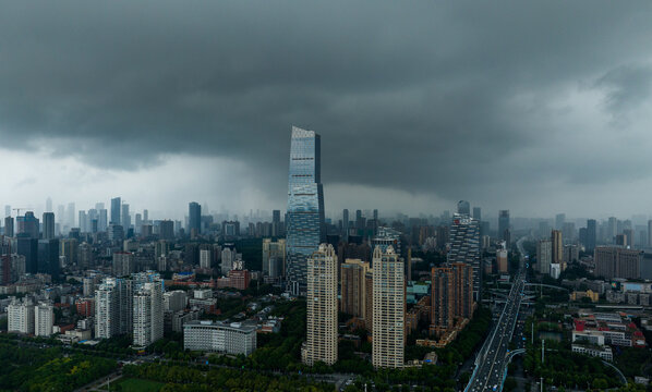 Wuhan City Skyline with Dark Storm Clouds and Panoramic View