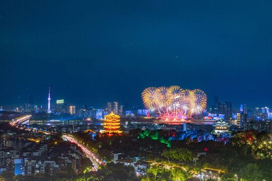 Fireworks Over Wuhan Yangtze River City Night Sky
