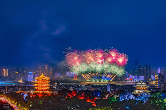 Fireworks Show Over Yangtze River, Wuhan Night Sky