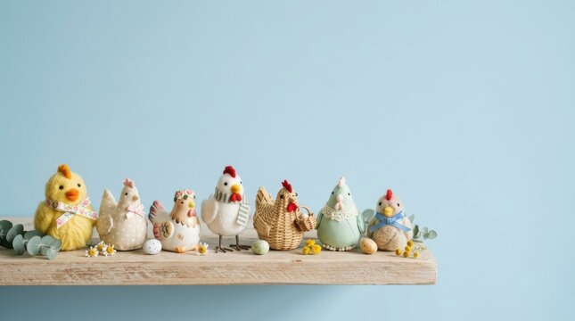 Decorative felt and woven chicken figurines on a wooden shelf for Easter