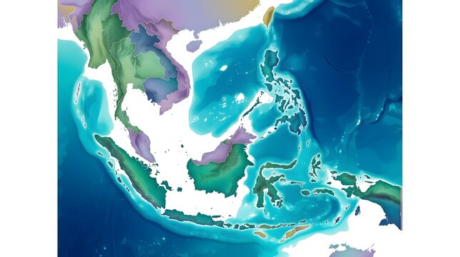 Stylized topographic map of Southeast Asia showing ocean depth and landmasses