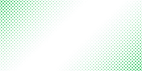 Slash green halftone gradient texture. Fading cartoon polka dot background. Dotted corner gradation pattern. Fading comic pop art overlay backdrop. Vector slant frame halfton patern effect wallpaper © Mansur