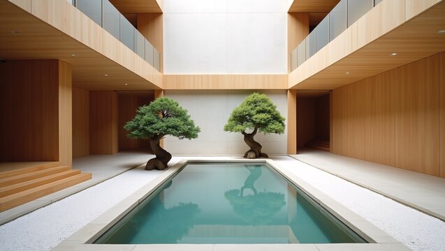 Minimalist wooden atrium with symmetric bonsai trees and small reflecting pool