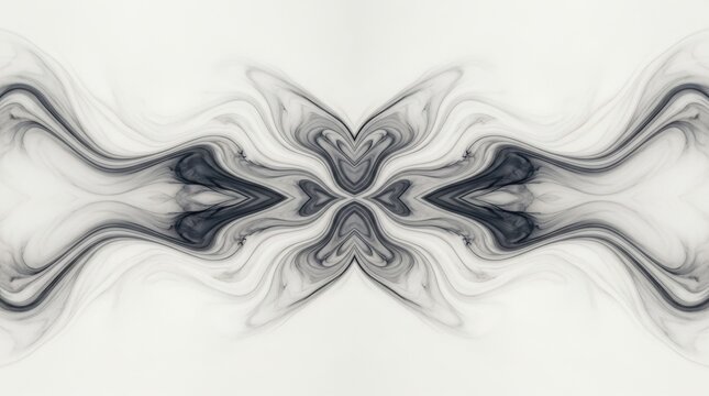 Abstract symmetrical dark ink swirls creating artistic butterfly shape on white background