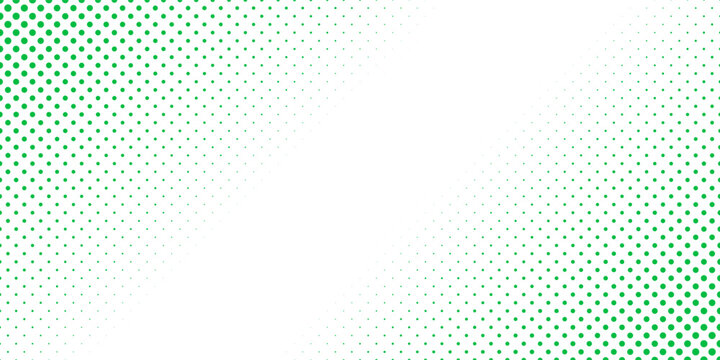 Slash green halftone gradient texture. Fading cartoon polka dot background. Dotted corner gradation pattern. Fading comic pop art overlay backdrop. Vector slant frame halfton patern effect wallpaper