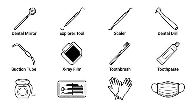 Dental tools set including mirror explorer scaler drill suction tube x-ray film toothbrush toothpaste medical healthcare equipment