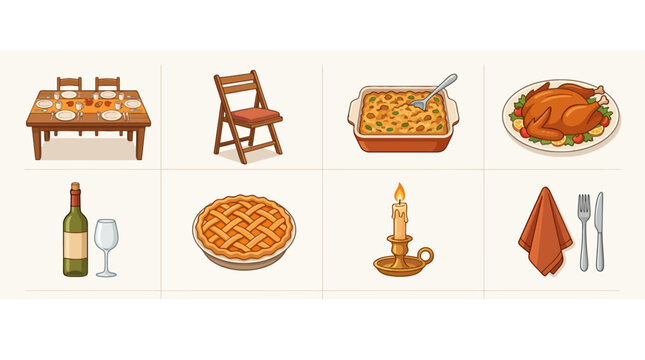 Illustration of a festive family dinner with a roasted turkey, side dishes like pie and baked beans, wine bottle, glasses, table setting, and decorations for celebration