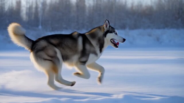 Tracking shot husky running and bounding across snowy field with frosted trees background during bright winter daylight