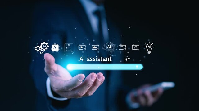 Businessman holding a smartphone with a virtual AI assistant voice command search bar and artificial intelligence icons overlay, managing smart technology workflow automation and digital solutions.