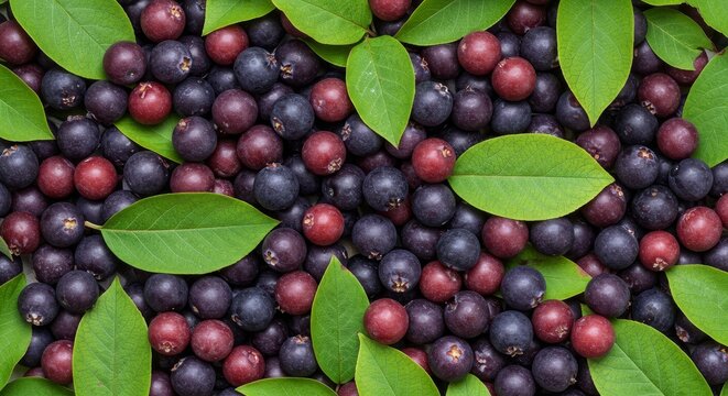 A background of serviceberry berries and leaves. View from above showing ripe purple and blue fruits mixed with lush green foliage. This natural texture is for garden and food theme projects.
