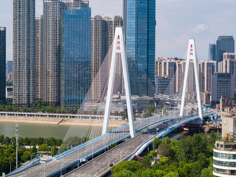 Yuehu Bridge Across Han River, Wuhan Urban Skyline