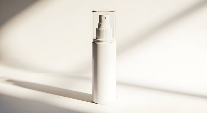 Blank white cosmetic spray bottle with clear cap for beauty product packaging design, realistic 3d render mockup