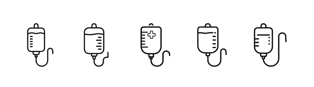 IV drip line icons set, medical saline bag, hospital blood infusion, healthcare liquid solution & more vector illustration with editable stroke.