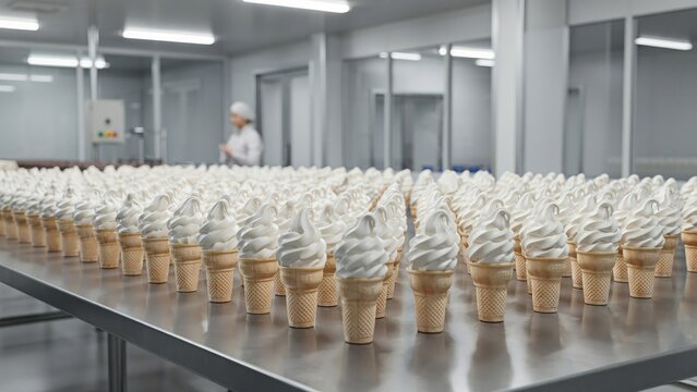 Rows of soft serve ice cream cones on a metal conveyor belt in a factory