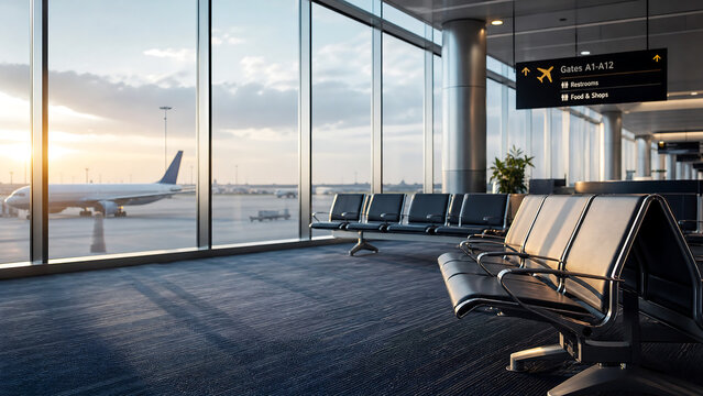Empty airport lounge seating area with airplane view at sunset