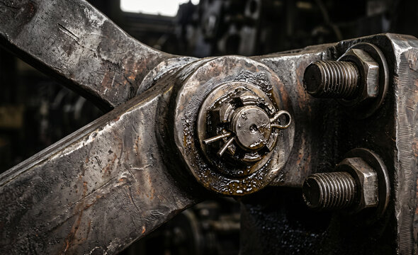 HDR photography of a heavy industrial greasy steel joint with a castle nut and cotter pin macro