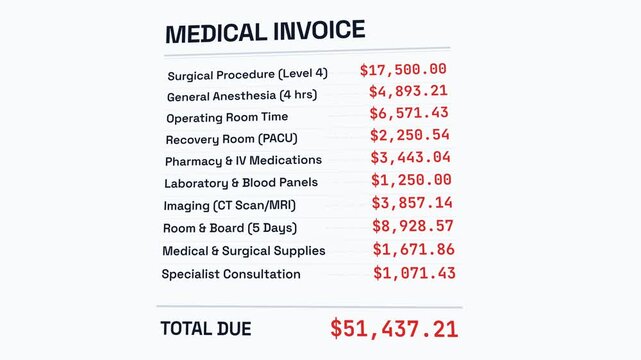 Medical Invoice Document with rising digital numbers on white background representing healthcare costs.