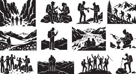Fototapeta premium Set of black silhouette hikers and backpackers trekking in mountains and camping in nature outdoor scenes isolated on white background, Vector