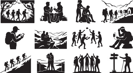 Fototapeta premium Set of black silhouettes showing people hiking camping and enjoying outdoor travel adventures in nature isolated on white background, Vector