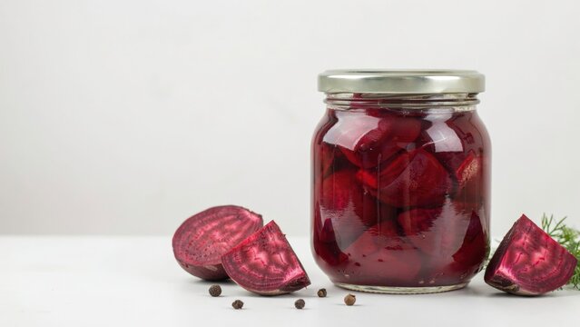 Glass jar filled with pickled beetroot chunks and fresh beet slices
