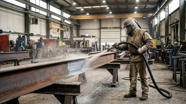 Industrial worker sandblasting metal beam in factory