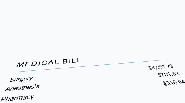 Medical bill paper document with rising surgery and anesthesia costs animation on white background showing healthcare debt.