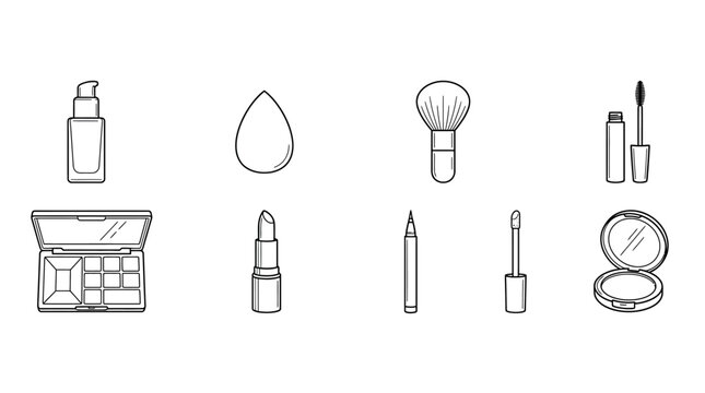 Minimalist line art of makeup products including foundation, water drop, brush, mascara, eyeshadow palette, lipstick, eyeliner, cotton swab, mirror for beauty and cosmetics