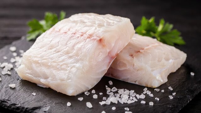 Two raw white fish fillets with sea salt and parsley on slate