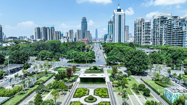 Pearland East Square Park with City Skyline and Green Landscape Design