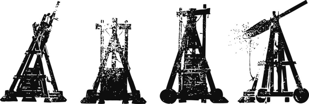 silhouettes of four medieval trebuchets in different designs and sizes, ancient siege weapons used in warfare