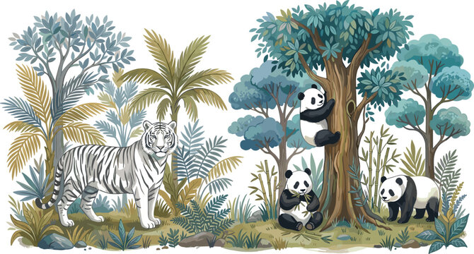Tropical jungle landscape vector illustration featuring a white tiger palm trees and cute pandas among bamboo