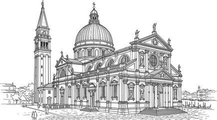 Obraz premium Venice architecture line art sketch vector illustration featuring historic Italian cathedral dome and tower landmark cityscape (16 words)