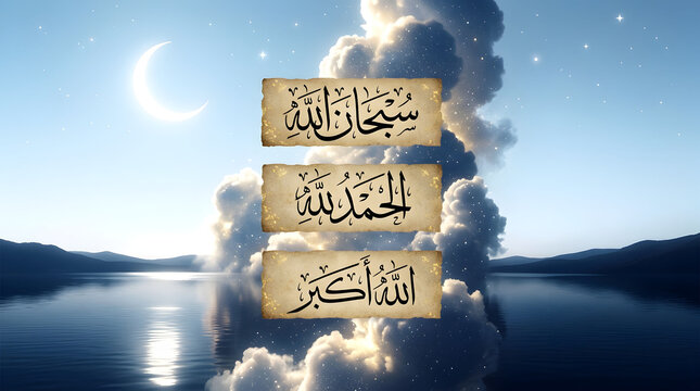 Islamic Arabic calligraphy on vintage parchment, SubhanAllah Alhamdulillah Allahu Akbar dhikr phrases, mystical night sky with crescent moon and clouds