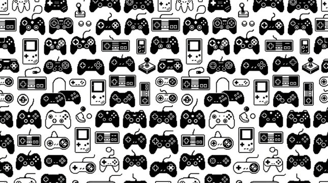 Background seamless pattern of pixel art game controller gamepad hardware tech design.
