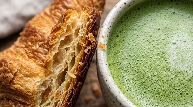 Macro texture of flaky croissant and matcha foam