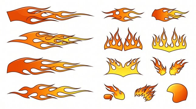 Collection of flame decals and fire graphics stylized hot rod and racing elements for custom vehicle decoration isolated on white