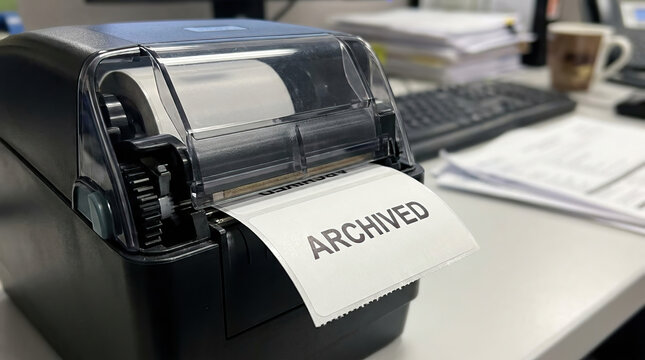 Label maker printing archived label on white paper in office environment with keyboard and coffee cup in background