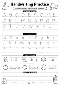 Educational handwriting practice worksheet featuring dashed letters and simple words for children learning to write the alphabet in black ink