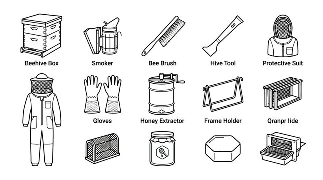 Collection of beekeeping equipment including hive box smoker bee brush hive tool protective suit gloves honey extractor frame holder orange lid for apiary maintenance