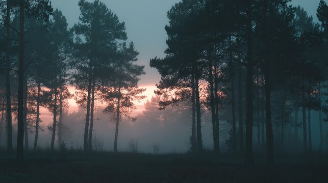A misty forest at dusk, silhouetted trees frame the fading sunset. Soft light peeks through the fog, painting the sky