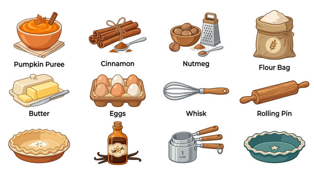 Illustration of baking ingredients including pumpkin puree, cinnamon, nutmeg, flour bag, butter, eggs, whisk, rolling pin for cooking and baking recipes