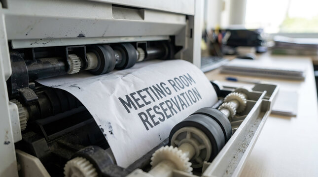 Meeting room reservation printed on paper stuck in old office printer with visible gears and rollers, showing paper jam or printing error in workspace environment