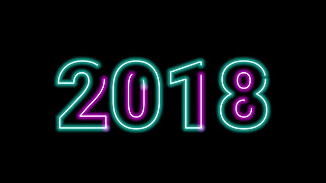 2018 year neon light design animation with striking purple and cyan illuminated contours on black background