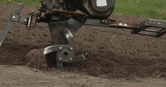 Close-up view of a power tiller cultivating garden soil, with rotating blades digging into the earth and preparing the land for planting spring crops in a seasonal agricultural process