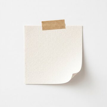 Blank white sticky note with torn brown paper tape on plain light background minimalist flat lay