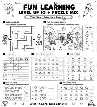 Educational activity worksheet for children featuring black and white logic puzzles mazes patterns and math problems for early primary school