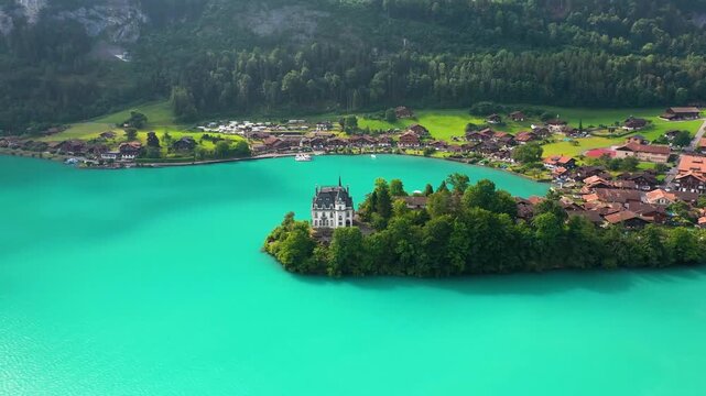 Aerial View of Oberhofen Castle on Lake Thun, Switzerland