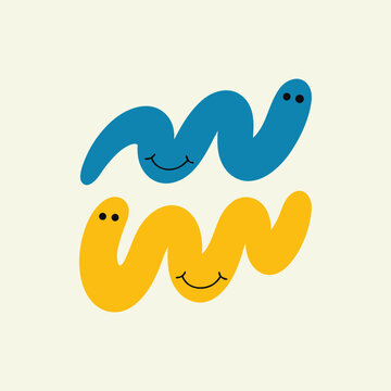 Playful worm characters illustration blue and yellow minimalist design